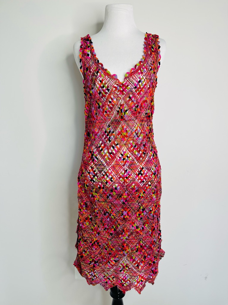 Vintage Pink Multicolor Crochet Netted Boho Mini Midi Dress